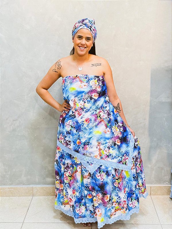 Conjunto Baiana florido 3 peças - Azul