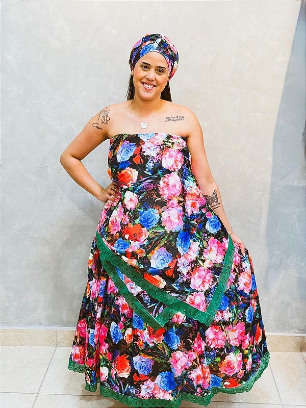 Conjunto Baiana florido 3 peças - verde