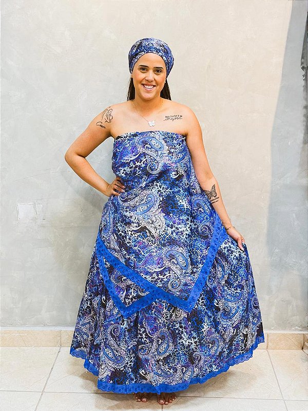 Conjunto Baiana florido 3 peças - azul escuro