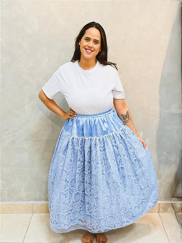 Saia renda com forro cetim azul