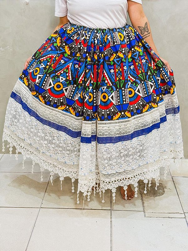 Saia luxo ankara azul com renda Guipir