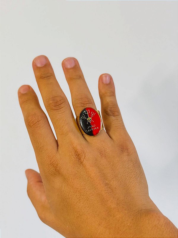 Anel Exu João Caveira- oval vermelho e preto