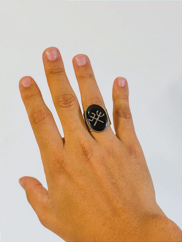 Anel Laroyê Exu e Pombo gira - oval Preto