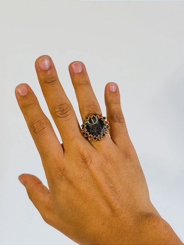 Anel Tridente Pombo gira com Rosa - vermelho e preto