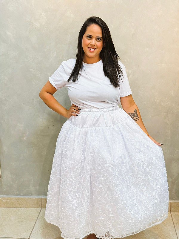 Saia renda florzinha com forro cetim Branco