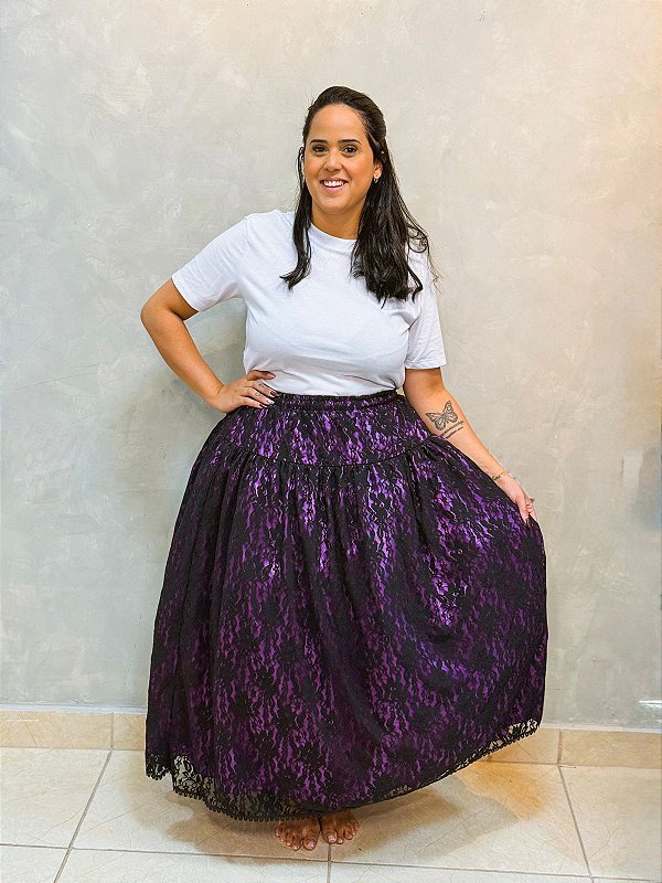 Saia Renda floral Preta e Roxa