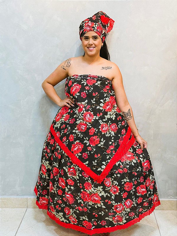 Conjunto Baiana floral 3 peças - Preto e vermelho