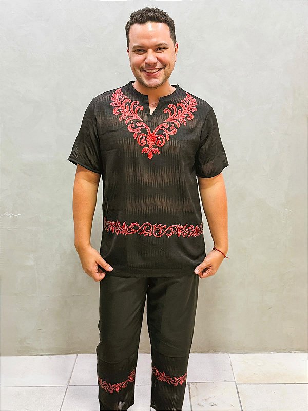 Conjunto Masculino Jacquard devorê Preto com Vermelho