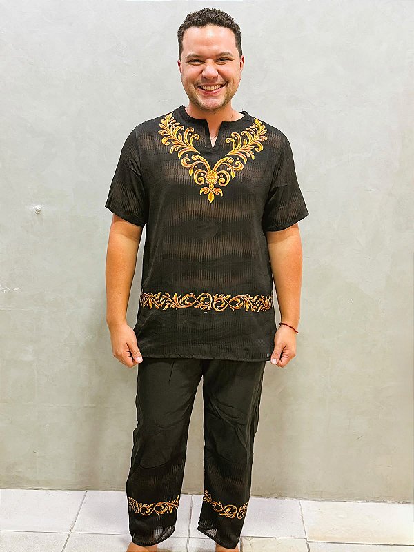 Conjunto Masculino Jacquard devorê Preto com dourado