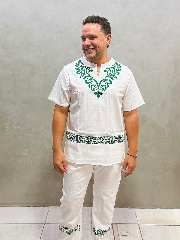 Conjunto Masculino Zibeline branco e estampa Verde