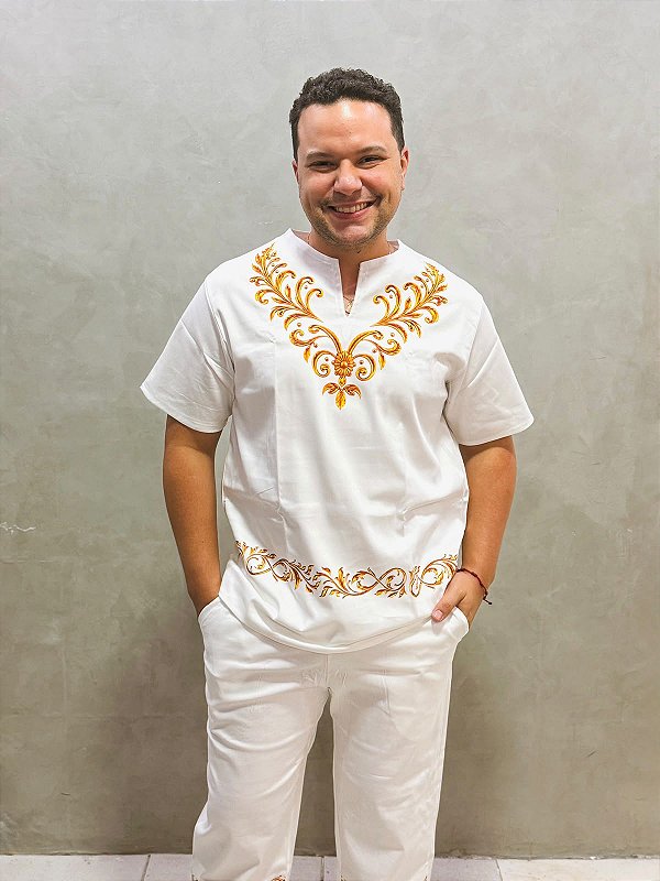 Conjunto Masculino Zibeline branco e estampa Dourado