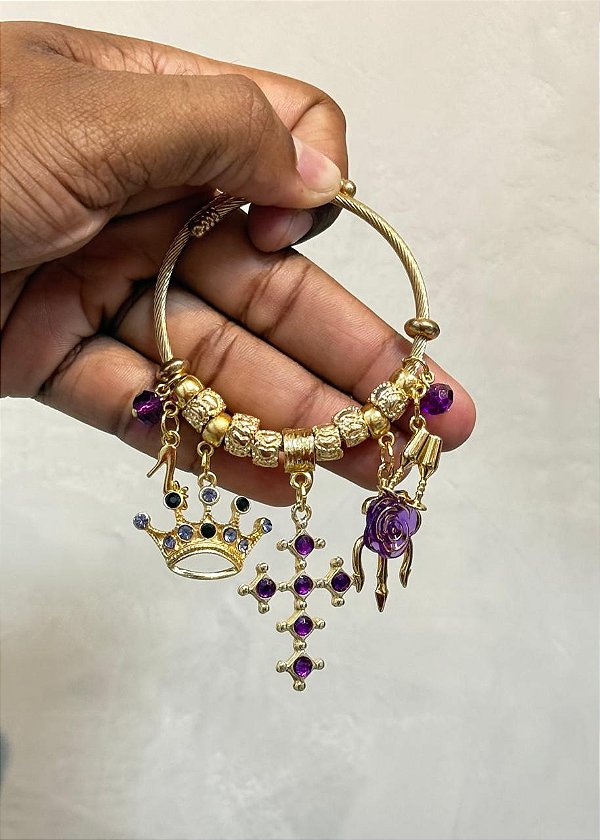 Pulseira Bracelete de Pomba Gira Cruz e coroa roxa