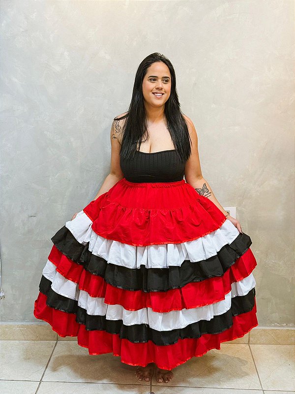 Saia 7 babados tricolor - vermelha, branca e preta