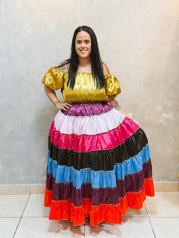 Saia 7 babados colorida com 12m de roda