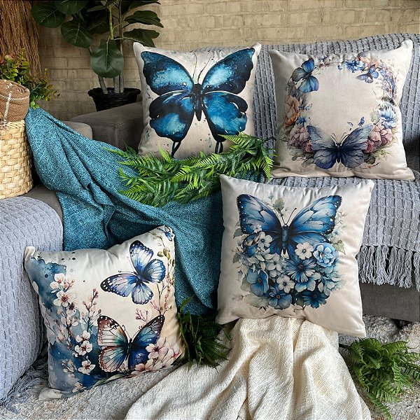 Capa de Almofada Veludo Estampada 45x45 (borboleta azul)