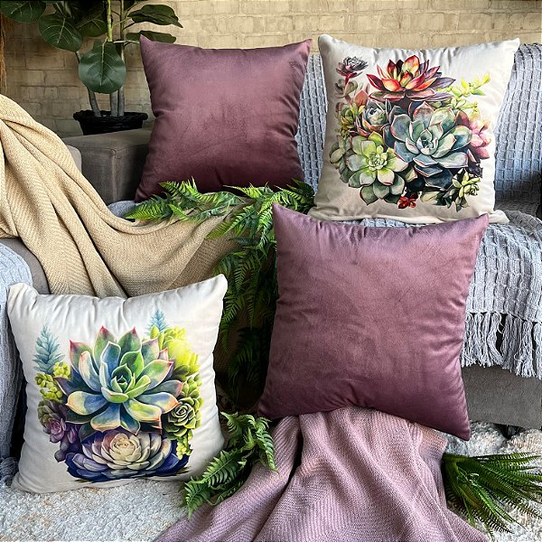Capa de Almofada Veludo Estampada 45x45 (suculentas)