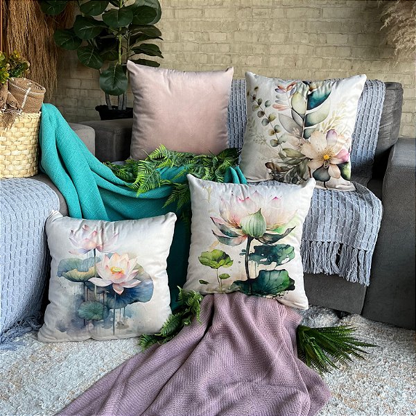 Capa de Almofada Veludo Estampada 45x45 (flor aquarela)