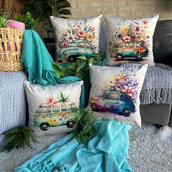 Capa de Almofada Veludo Estampada 45x45 (carros antigos)