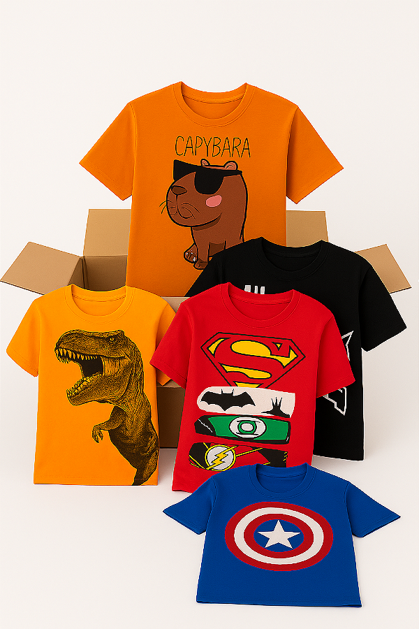 Caixa C/50 Camisetas Infantis Personagens + Brinde Surpresa