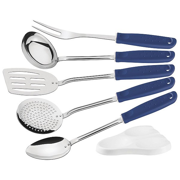 Jogo Utensílios Aço Inox Com Cabo Azul Tramontina 25699108
