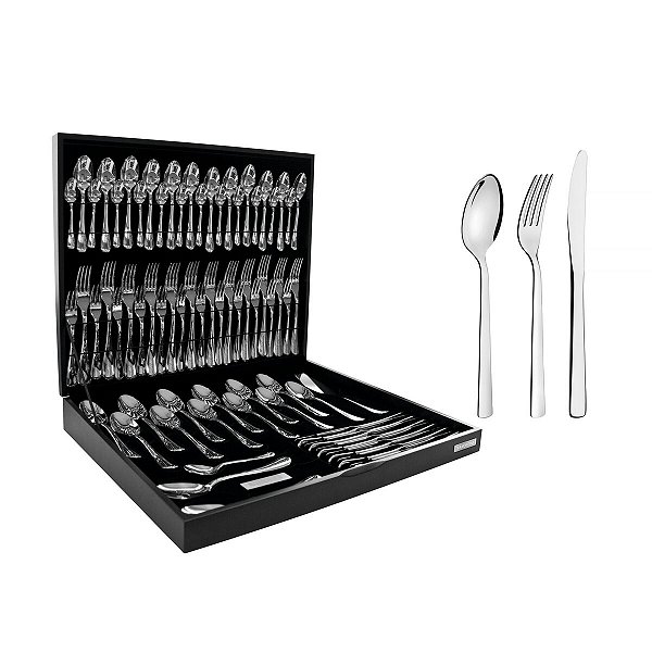 Faqueiro Aço Inox Com Estojo De Madeira 76 Pç. 66985304