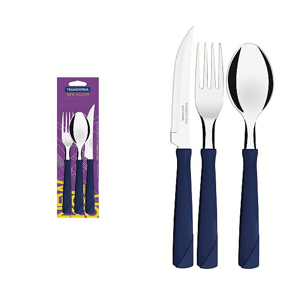 Faqueiro New Kolor Com Lâminas Inox Azul 3 Peças 23199169