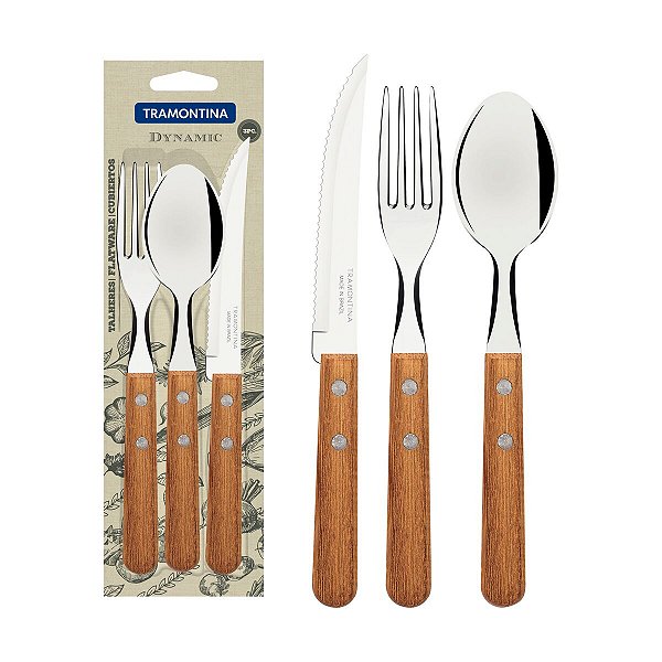 Faqueiro Dynamic Cabos Madeira Natural 3 Peças 22399001