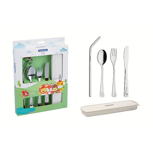 Jogo Talher Canudo Infantil 5Pcs Estojo Tramontina 66970040