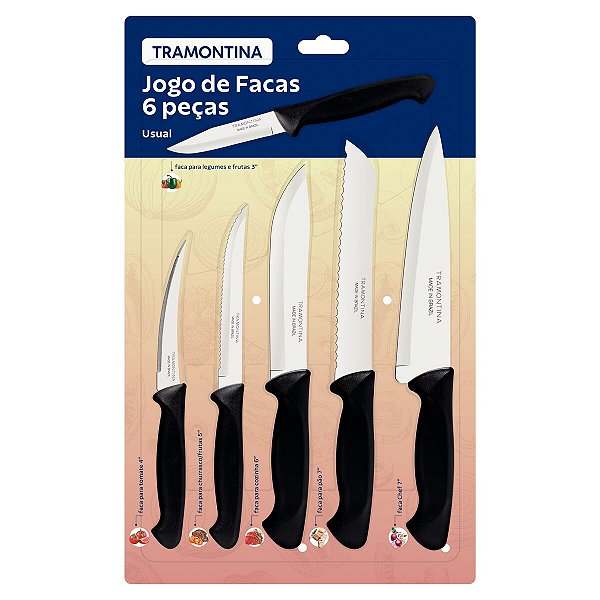 Jogo Facas Inox 6Pc Usual Preto Tramontina 23099049