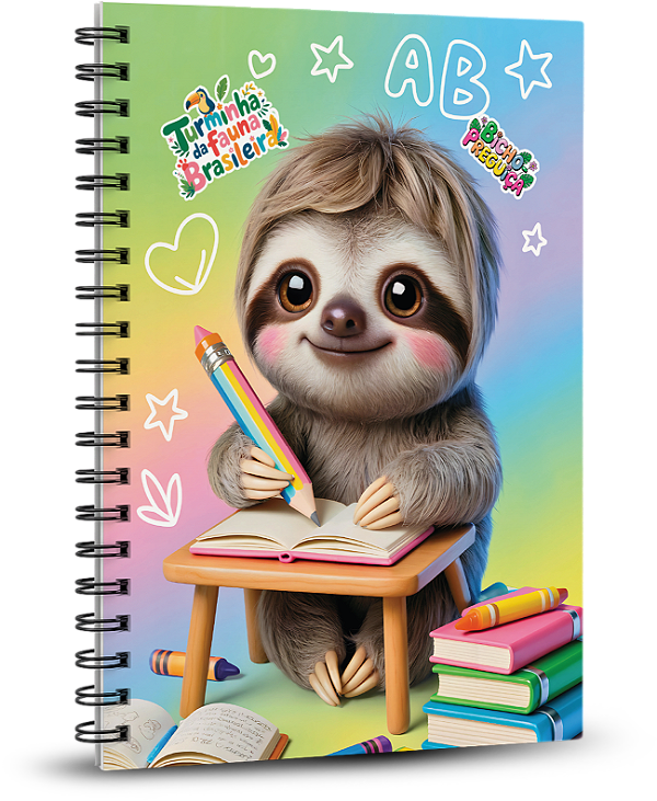 Caderno Universitário 100 folhas - A Turminha da Fauna Brasileira - Bicho Preguiça