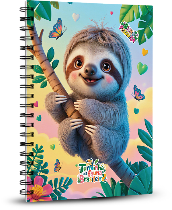 Caderno Universitário 100 folhas - A Turminha da Fauna Brasileira - Bicho Preguiça