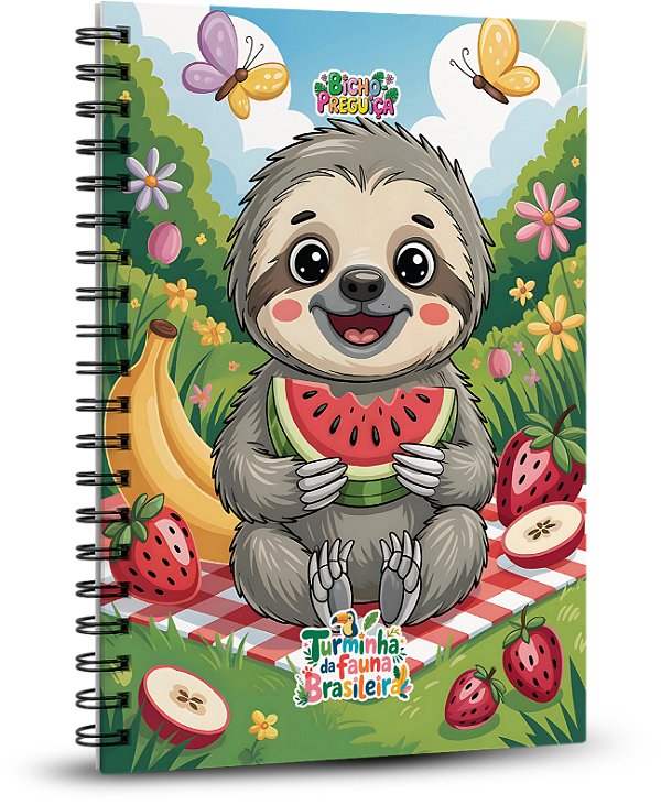 Caderno Universitário 100 folhas - A Turminha da Fauna Brasileira - Bicho Preguiça