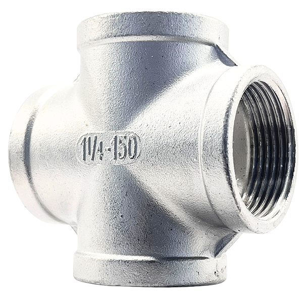 Conexão Cruzeta 1-1/4 Polegada BSP Aço Inox 304 Rosca Fêmea 4 Vias