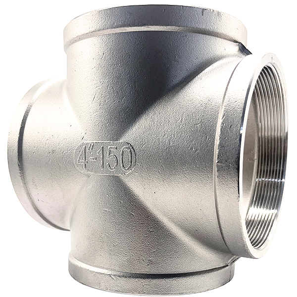 Conexão Cruzeta 4 Polegada BSP Aço Inox 304 Rosca Fêmea 4 Vias