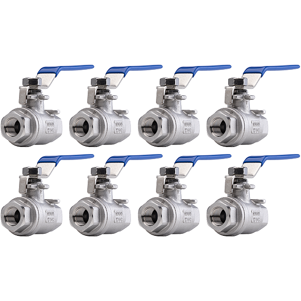 Kit 8 Válvulas Esfera 3/8" BSP Aço Inox 304 com Vedação PTFE 1000PSI
