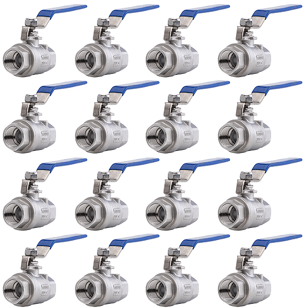 Kit 16 Válvulas Esfera 1/2" BSP Aço Inox 304 com Vedação PTFE 1000PSI