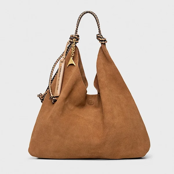 Bolsa Hobo Collab Carrano + A.mar Couro Suede Marrom Saddle