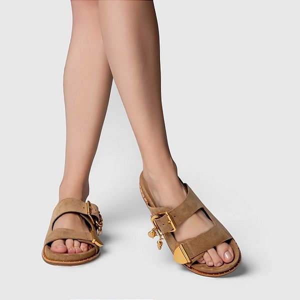 Rasteira Birken Carrano + A.MAR Couro Suede Bege Almond