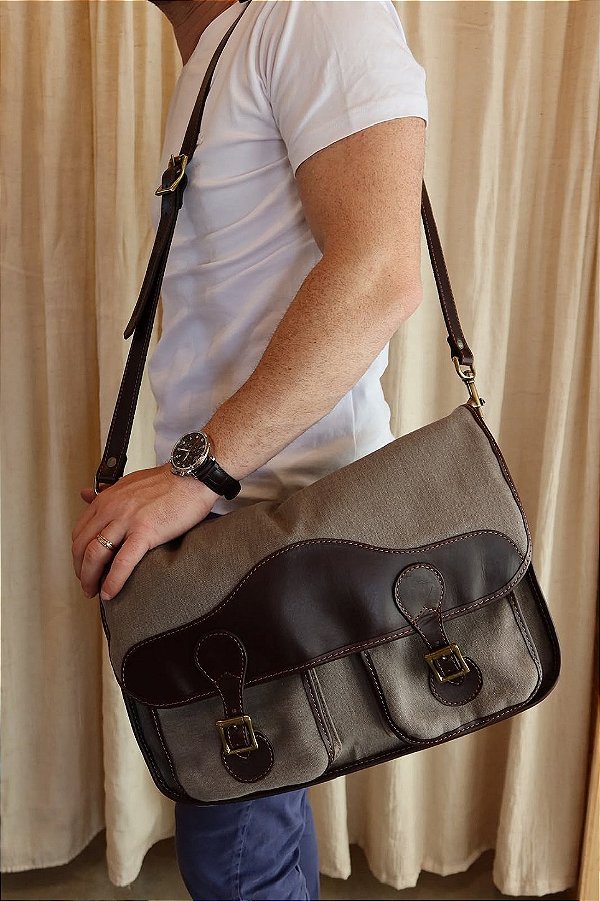 Bolsa Morral em linho e couro Cinza | Arandu