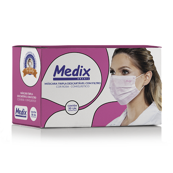 Máscara Tripla Rosa 50 Unidades Medix