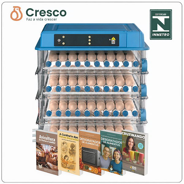KIT CRESCO - Chocadeira Automatica c/ conexão p/ Bateria 12v - Tanque Agua - até 256 Ovos - 220V + 5 e-books