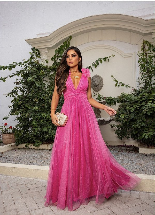 Vestido longo decote V detalhe ombro
