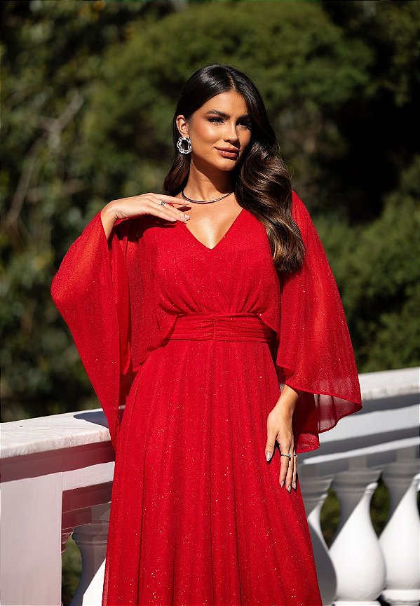 Vestido longo decote v manga ls capa