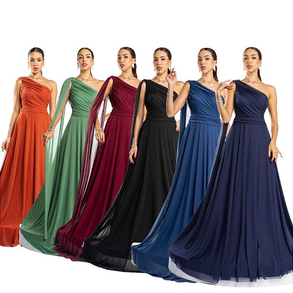 Vestido longo ombro unico manga solta