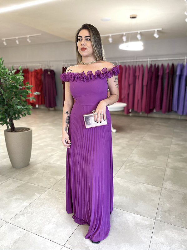 Vestido longo de festa ombro a ombro yu