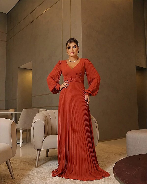 Vestido manga longa plissado