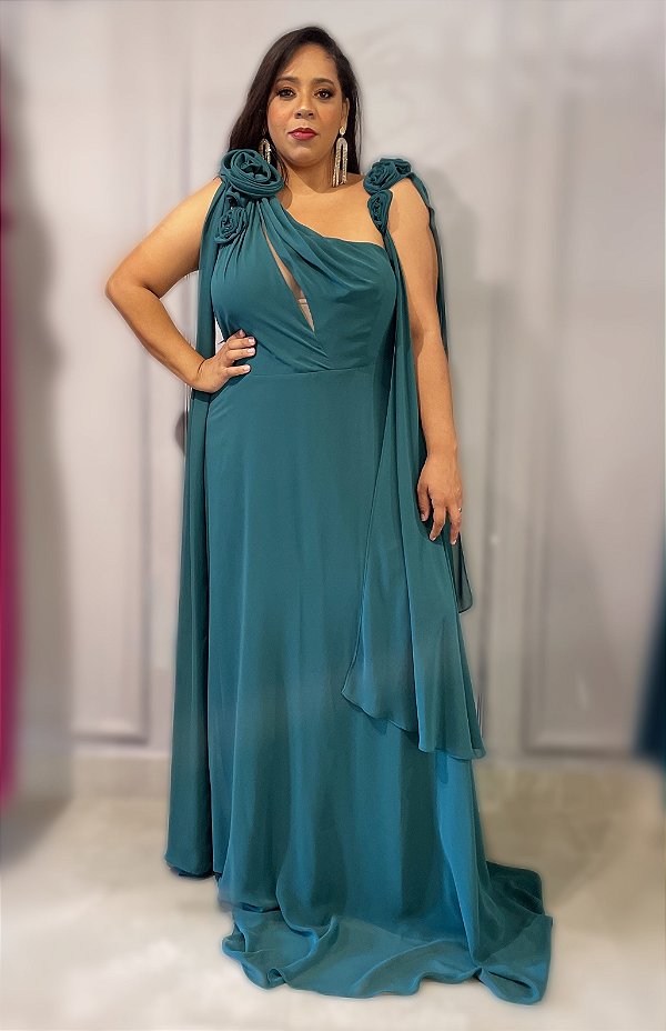 Vestido ombro unico flor com mangas soltas