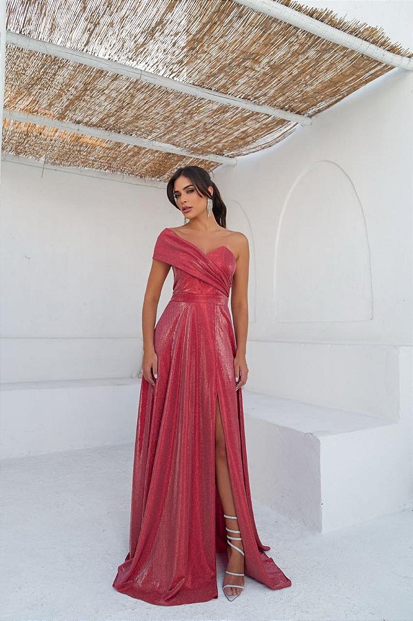 Vestido longo ombro unico lurex - MARSALA 42