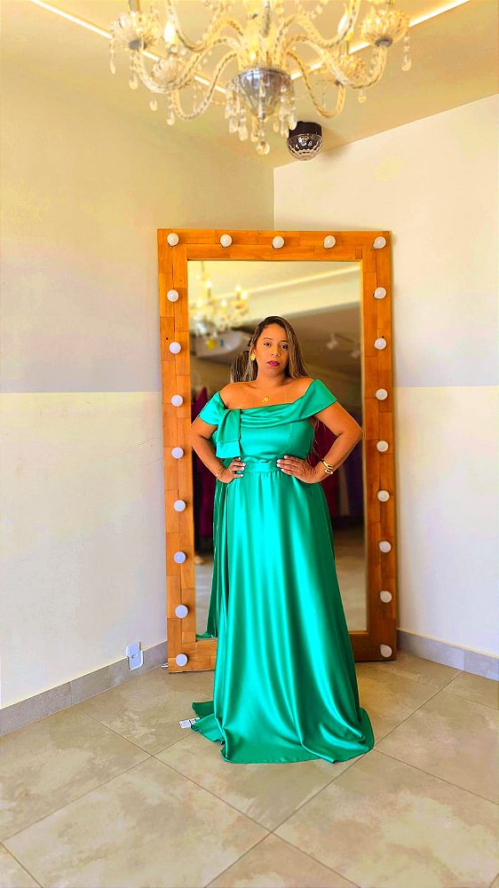 Vestido longo cetim ombro a ombro verde bandeira - 50