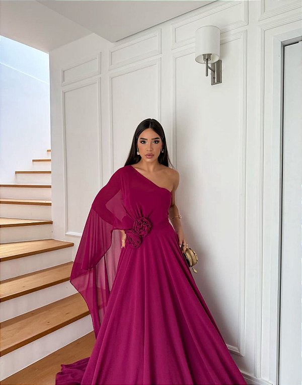 VESTIDO LONGO FLUIDO OMBRO UNICO FLOR